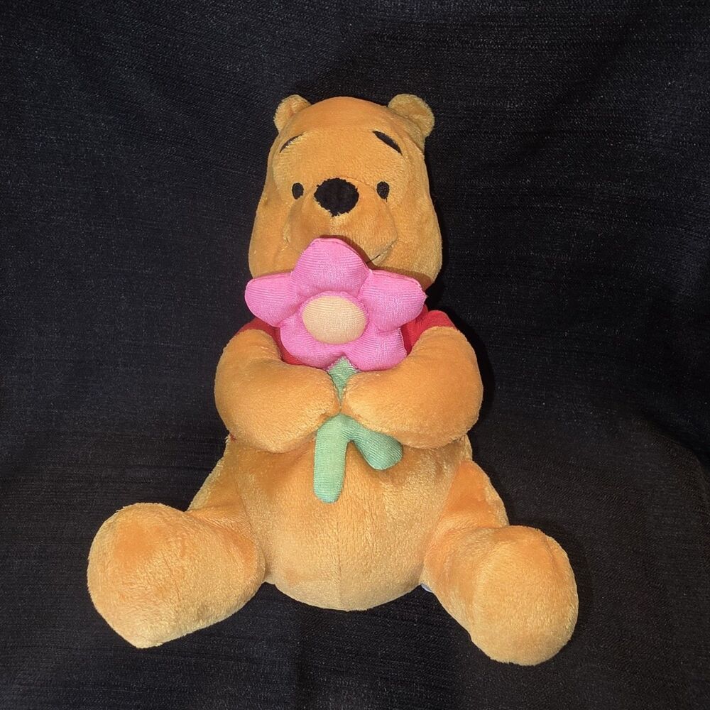 Disney Winnie the Pooh Plush Pink Flower 10" Red Shirt Stuffed Bear